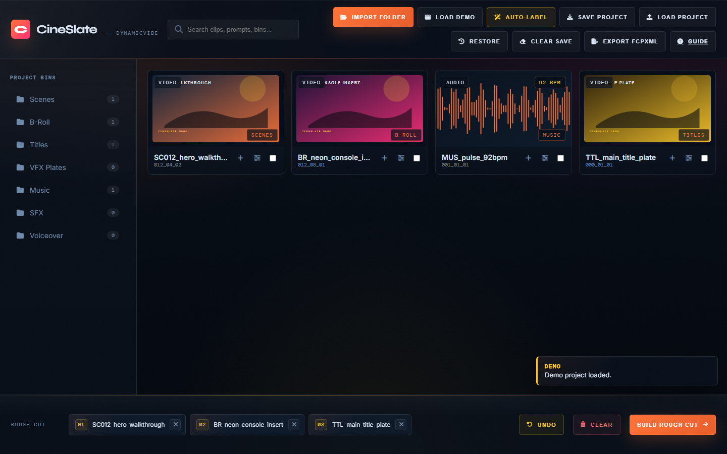 CineSlate demo board with bins, clip cards, and rough-cut timeline.
