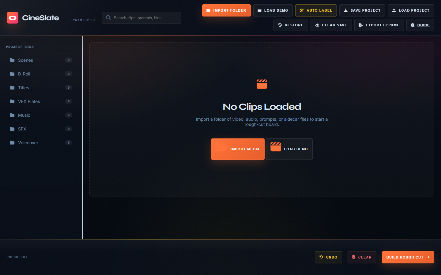 CineSlate empty state with Import Media and Load Demo actions.