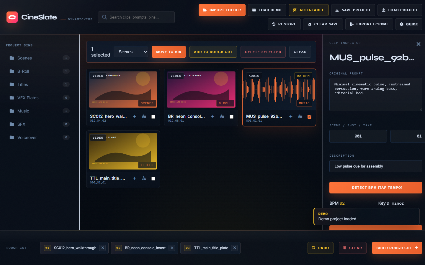 CineSlate inspector panel showing audio clip metadata and BPM controls.