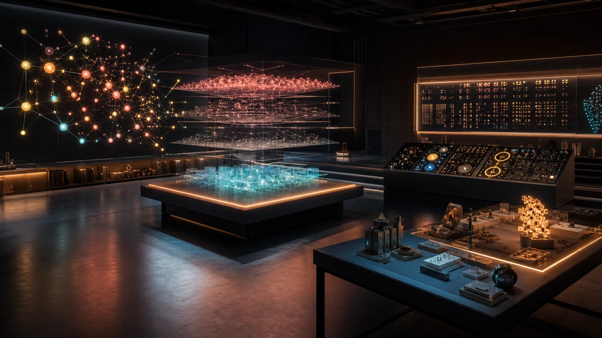Cinematic AI research studio with abstract model stack and evaluation workbench