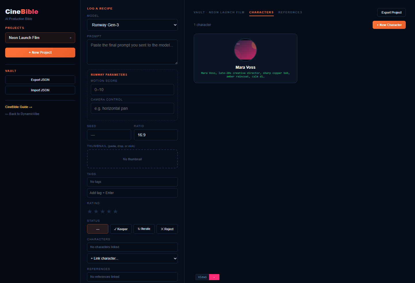 CineBible characters tab showing a reusable character consistency card.