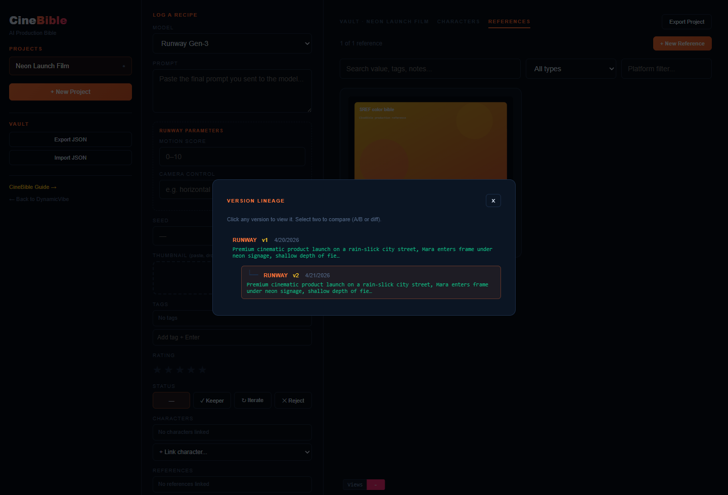 CineBible lineage modal showing version history for a forked recipe.