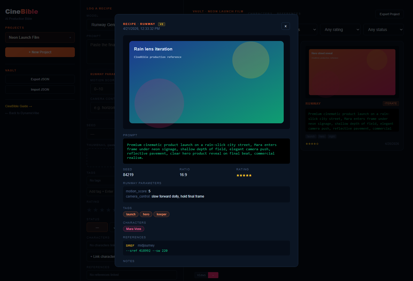 CineBible recipe modal showing prompt, seed, rating, linked character, linked reference, and recipe actions.