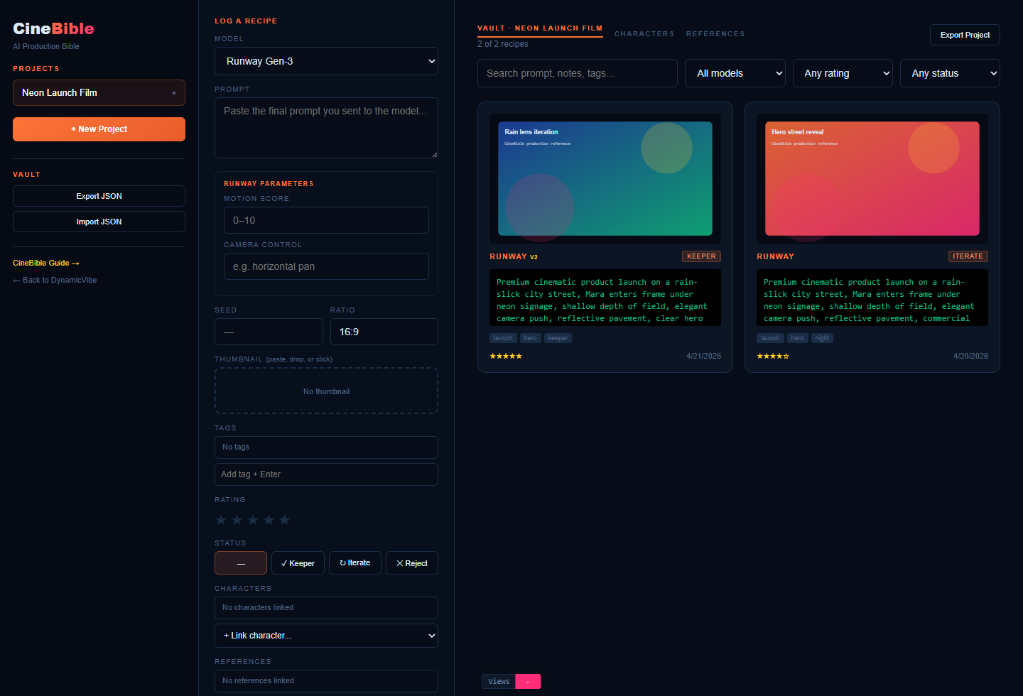 CineBible project vault with recipe cards, filters, and the recipe logging panel.