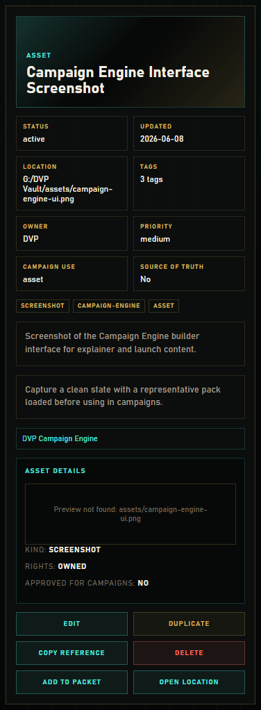 Detail panel showing an asset record with preview area
