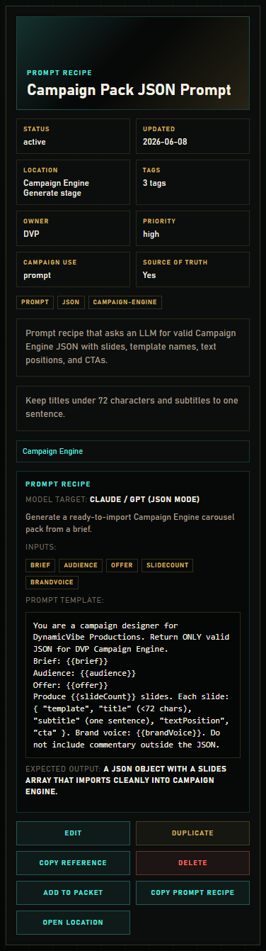 Detail panel showing a prompt recipe with template block