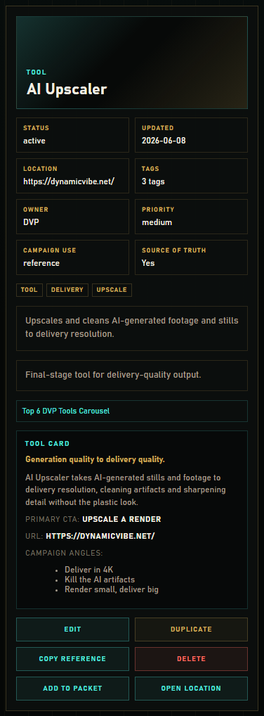 Detail panel showing a tool card