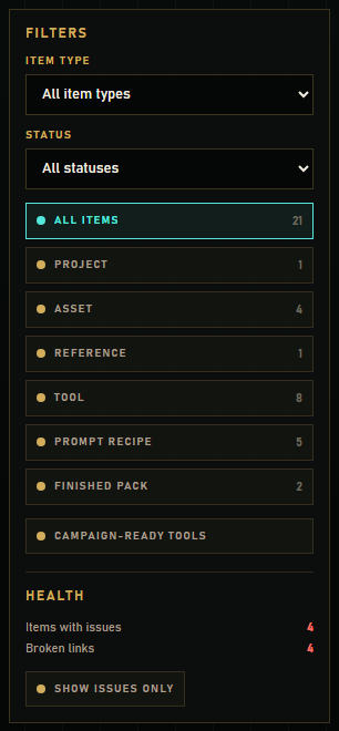 Filters rail with type filter, quick buttons, Campaign-ready preset, and Health panel