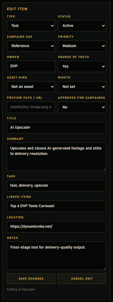 The add/edit form populated with a record's fields