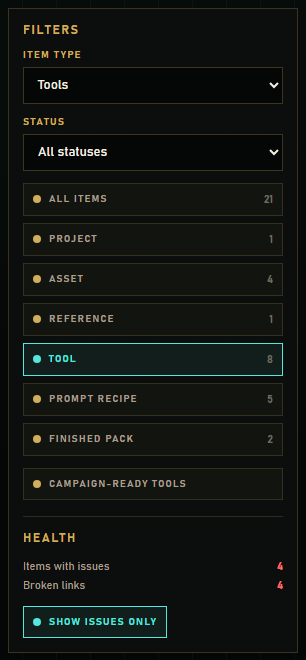 Health panel with issue counts and Show issues only toggle