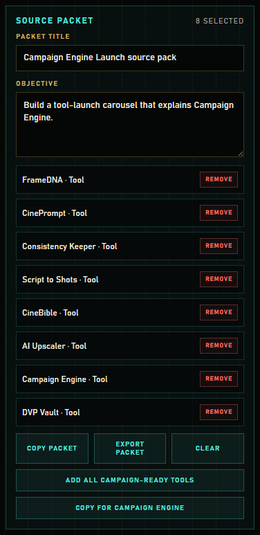 Source Packet tray with items, title, objective, and Campaign Engine buttons