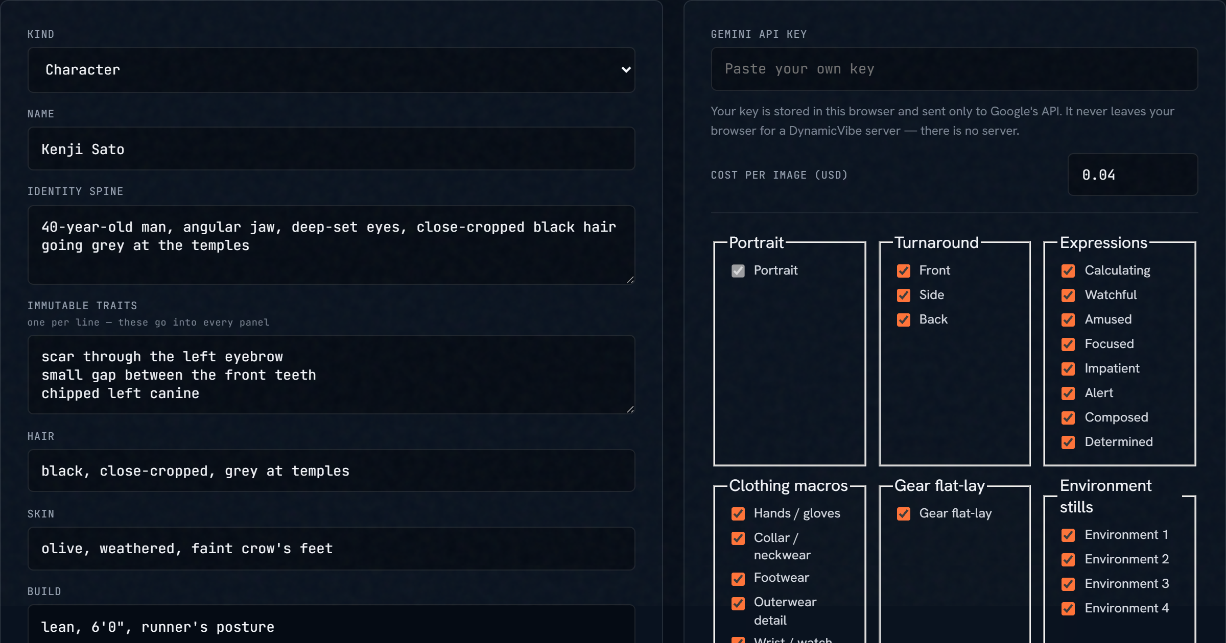 CastForge workbench showing a character record beside a grid of generated reference panels