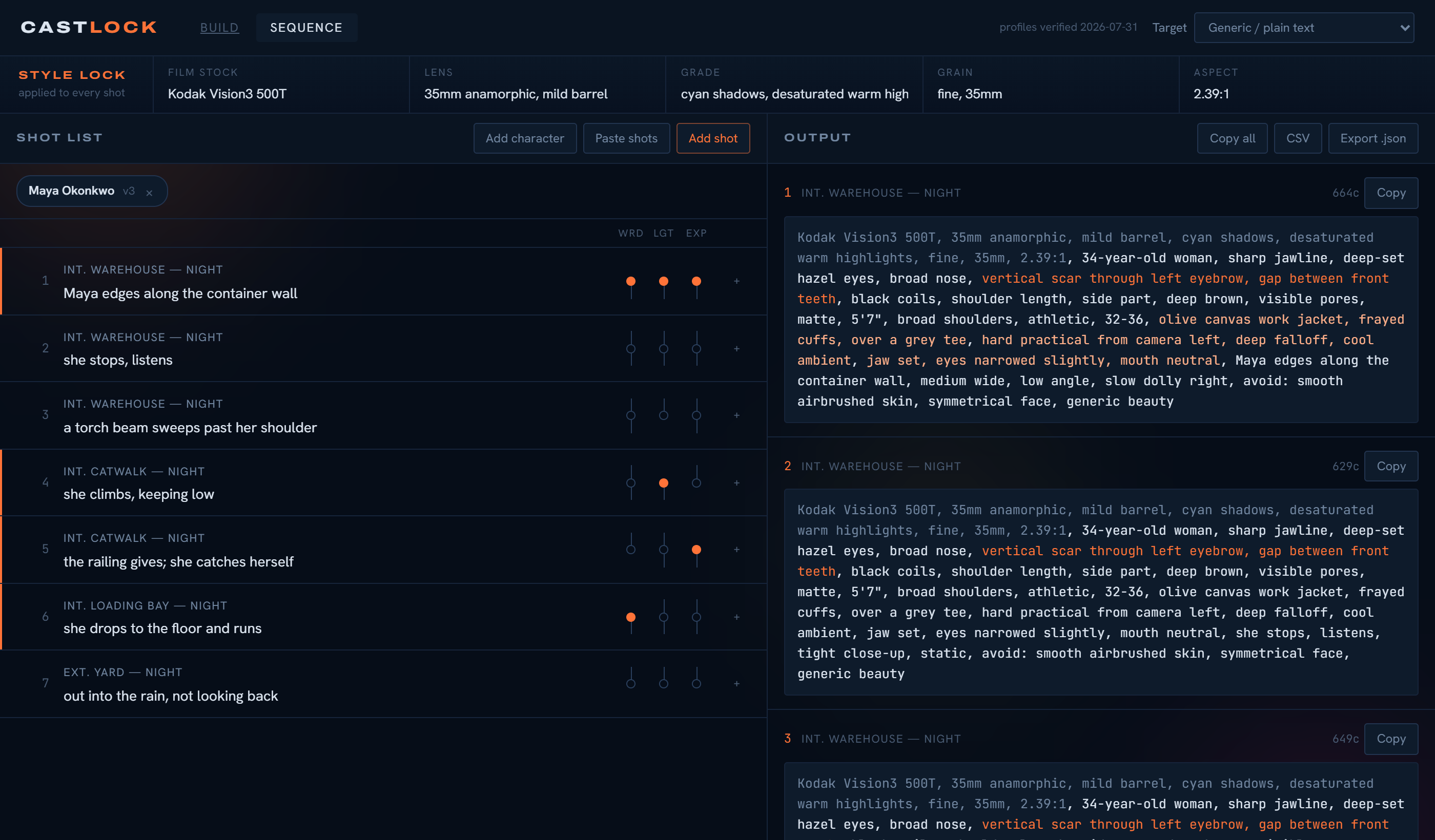 CastLock sequence view with shot list, style locks and assembled prompts