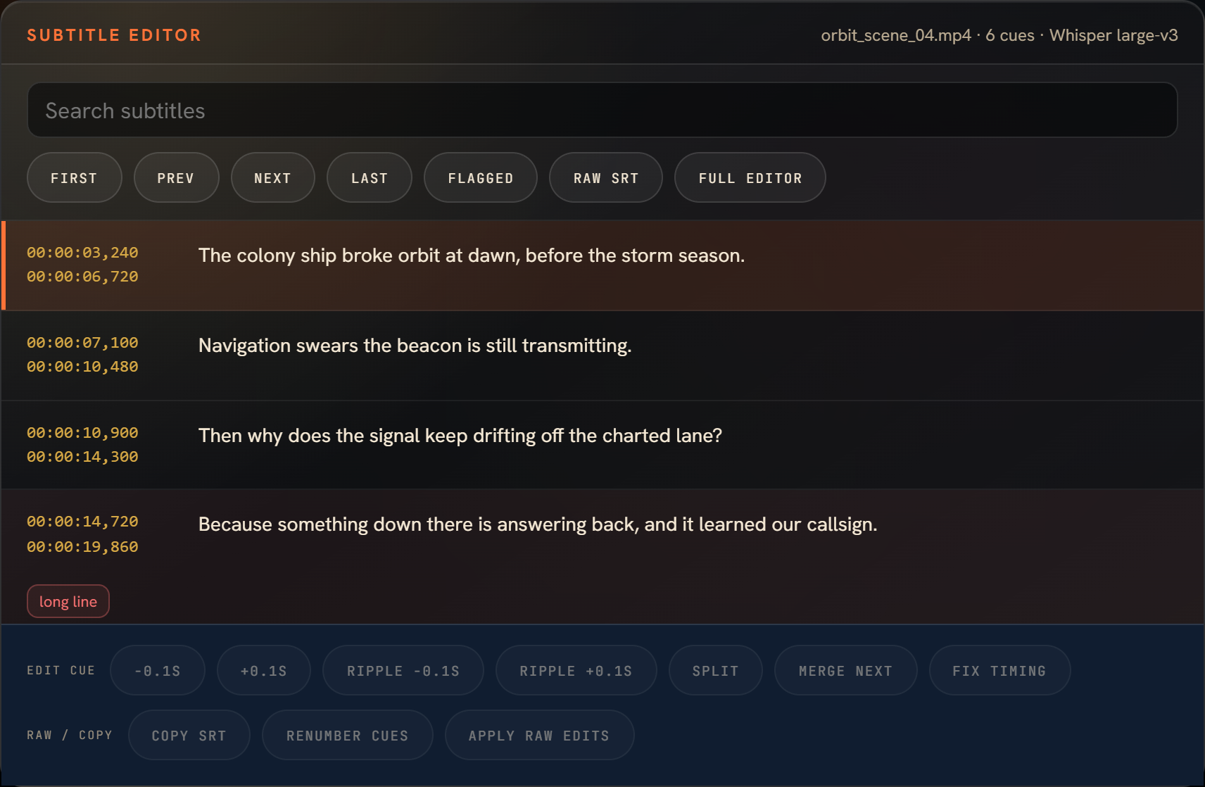 CineScribe subtitle editor with timecoded cues and edit controls