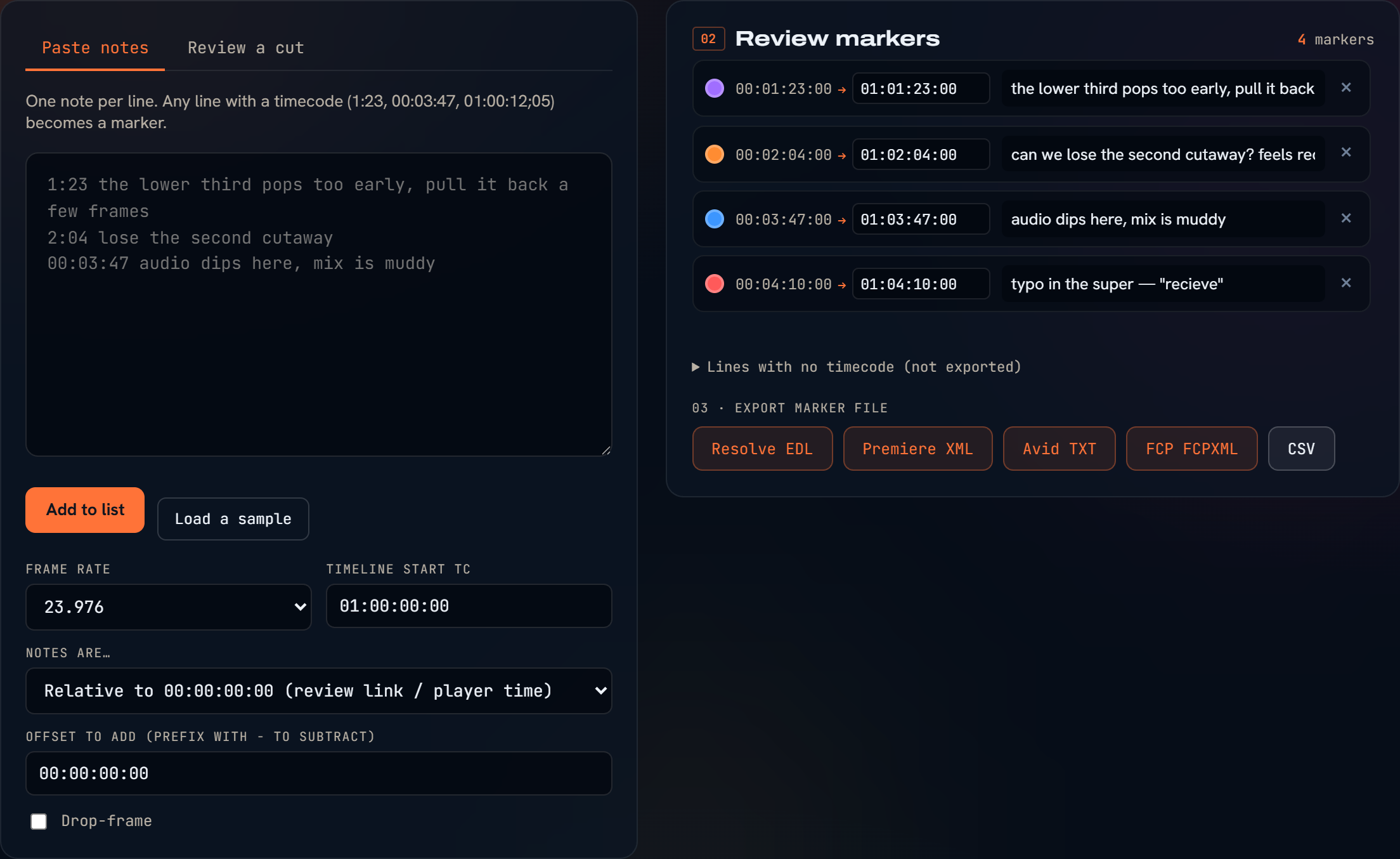 NoteCut review markers with timecodes and export formats