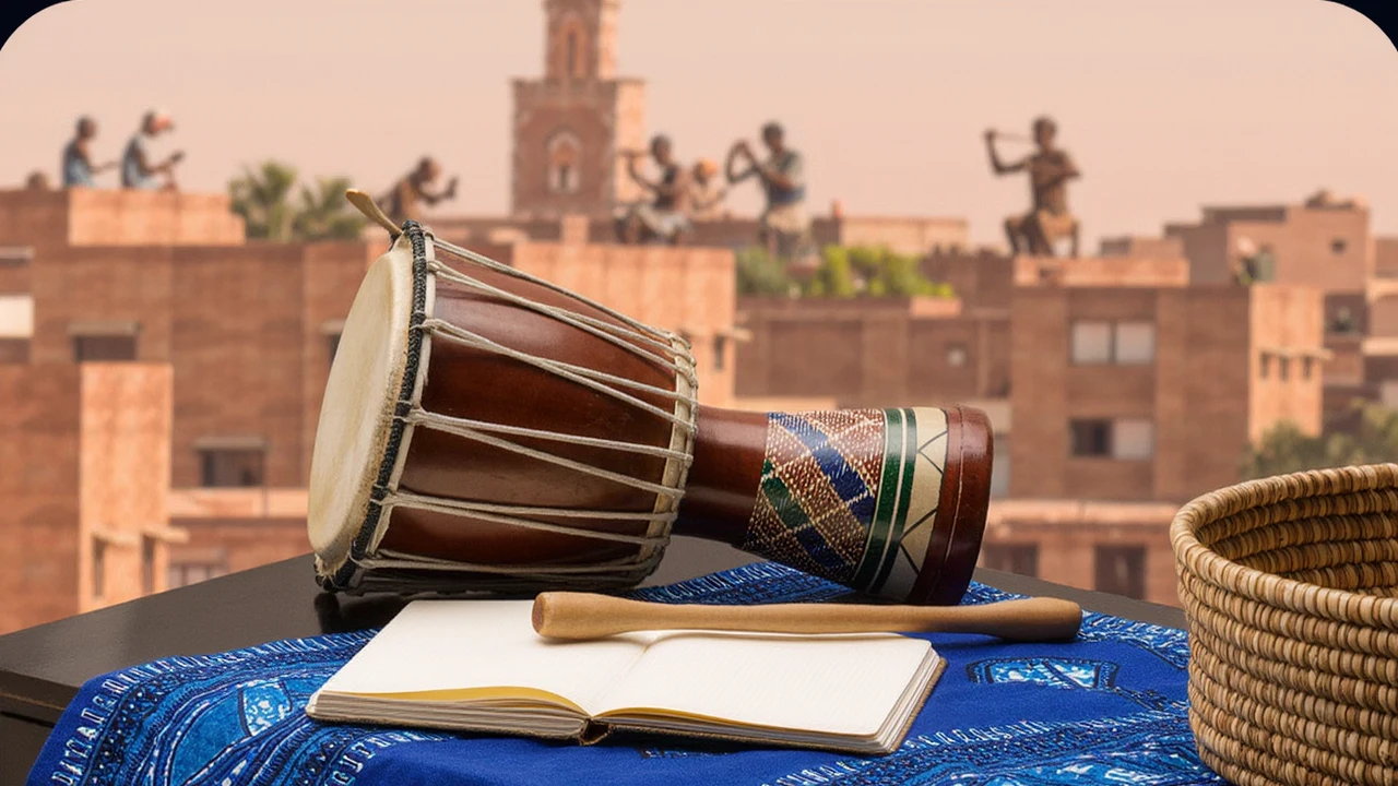 Talking drum, open notebook, woven basket and indigo textile overlooking a city